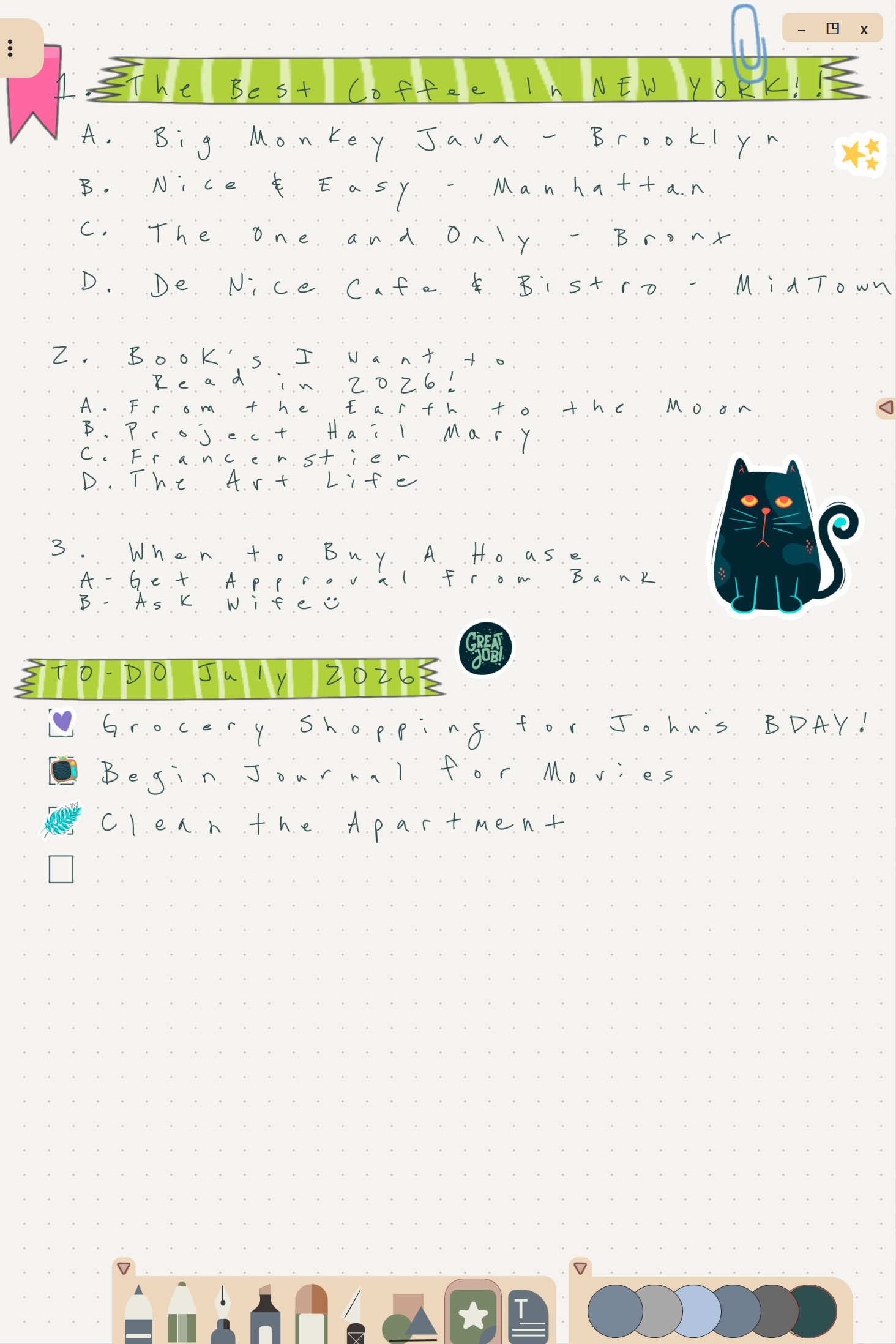 A bullet journal page in Mementa on a dot grid background, with handwritten numbered lists, a July to-do list with checkboxes, green highlighter banners, and cat and star stickers