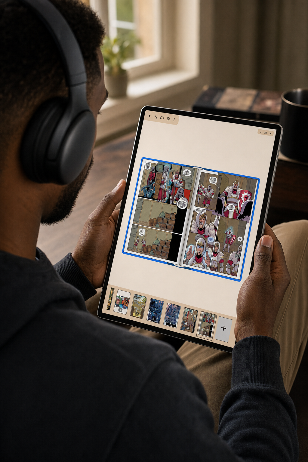 A comic reader open on a tablet showing a comic strip layout