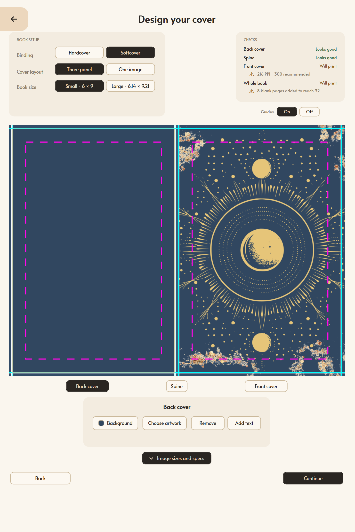 The Mementa Design your cover screen with a navy and gold sun and moon illustration placed on the front cover, book setup controls for binding, layout and size on one side, and a checks panel reporting the back cover and spine as fine and warning that the front cover is 216 PPI where 300 is recommended