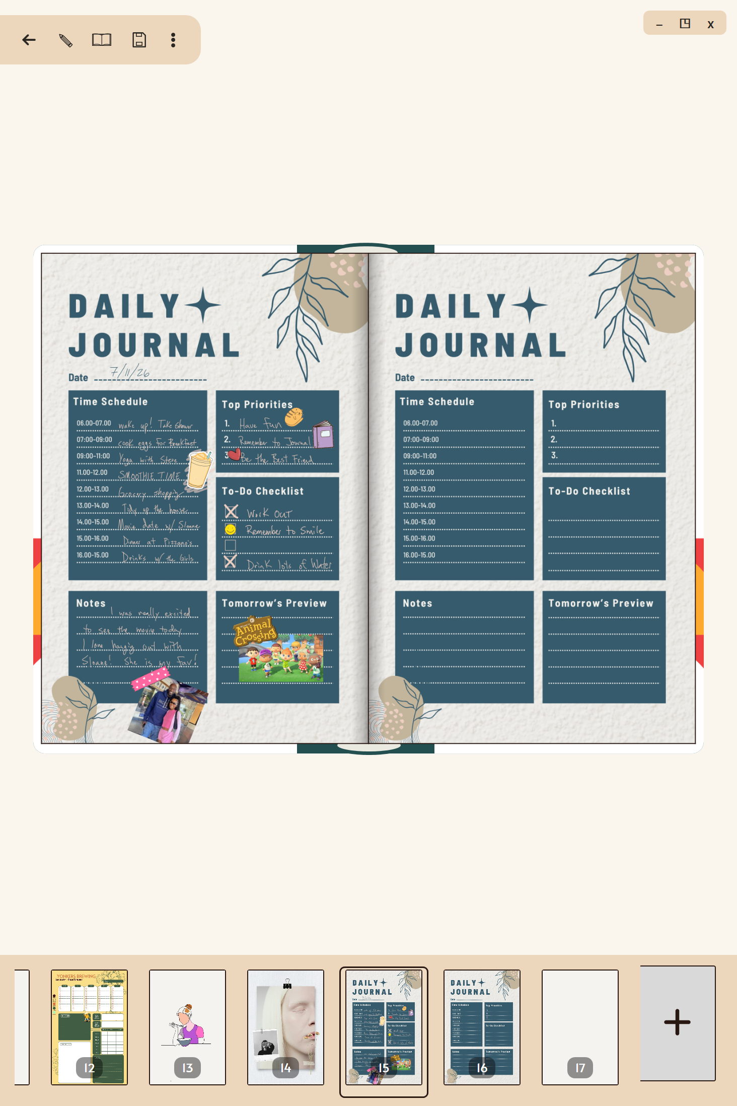 Mementa Book Mode showing a two-page spread