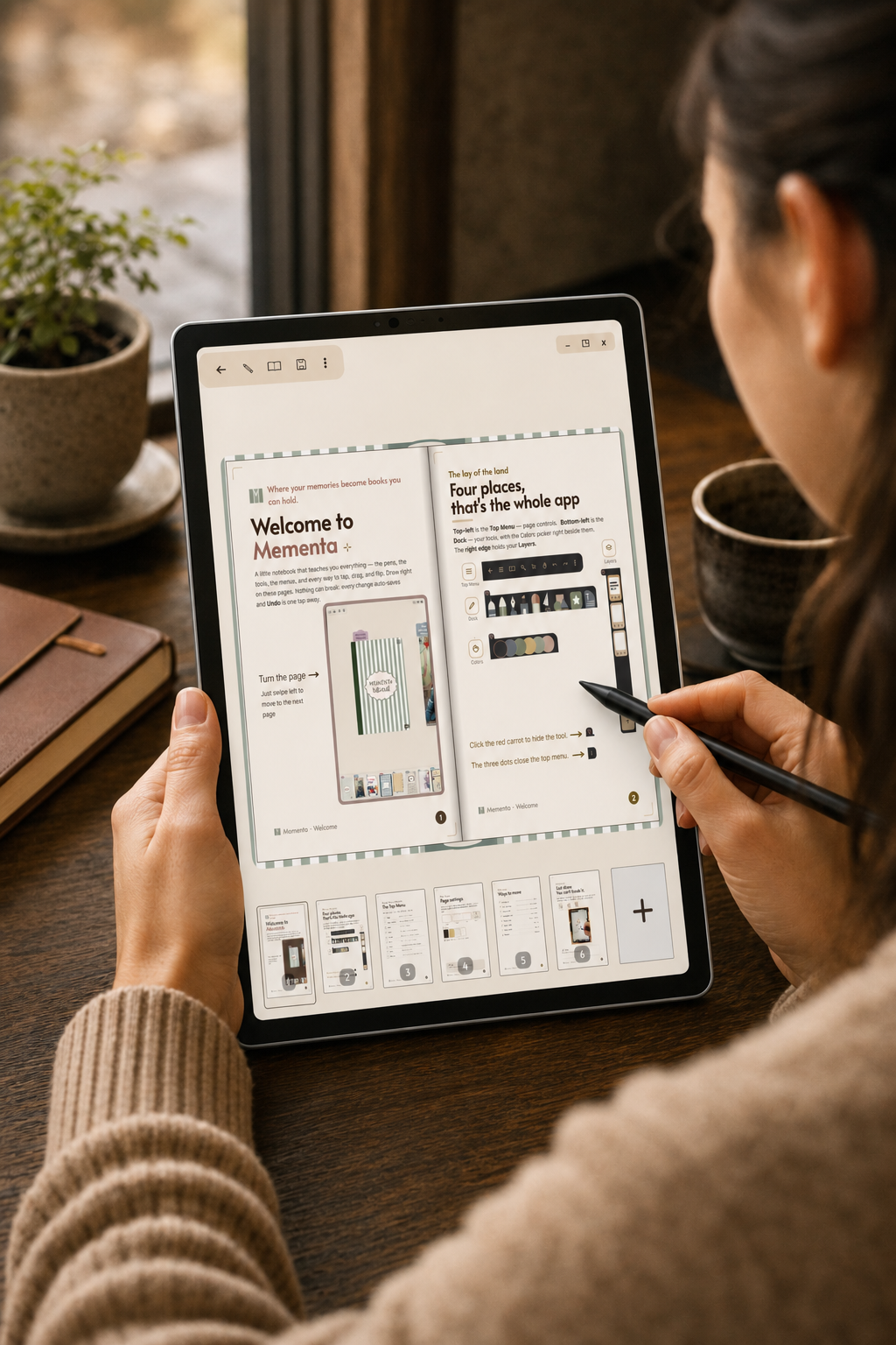 Mementa open on a Surface tablet with a stylus in light mode