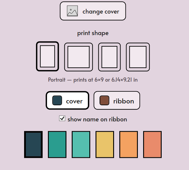 Mementa notebook creation controls showing print shape, cover, ribbon, and color choices