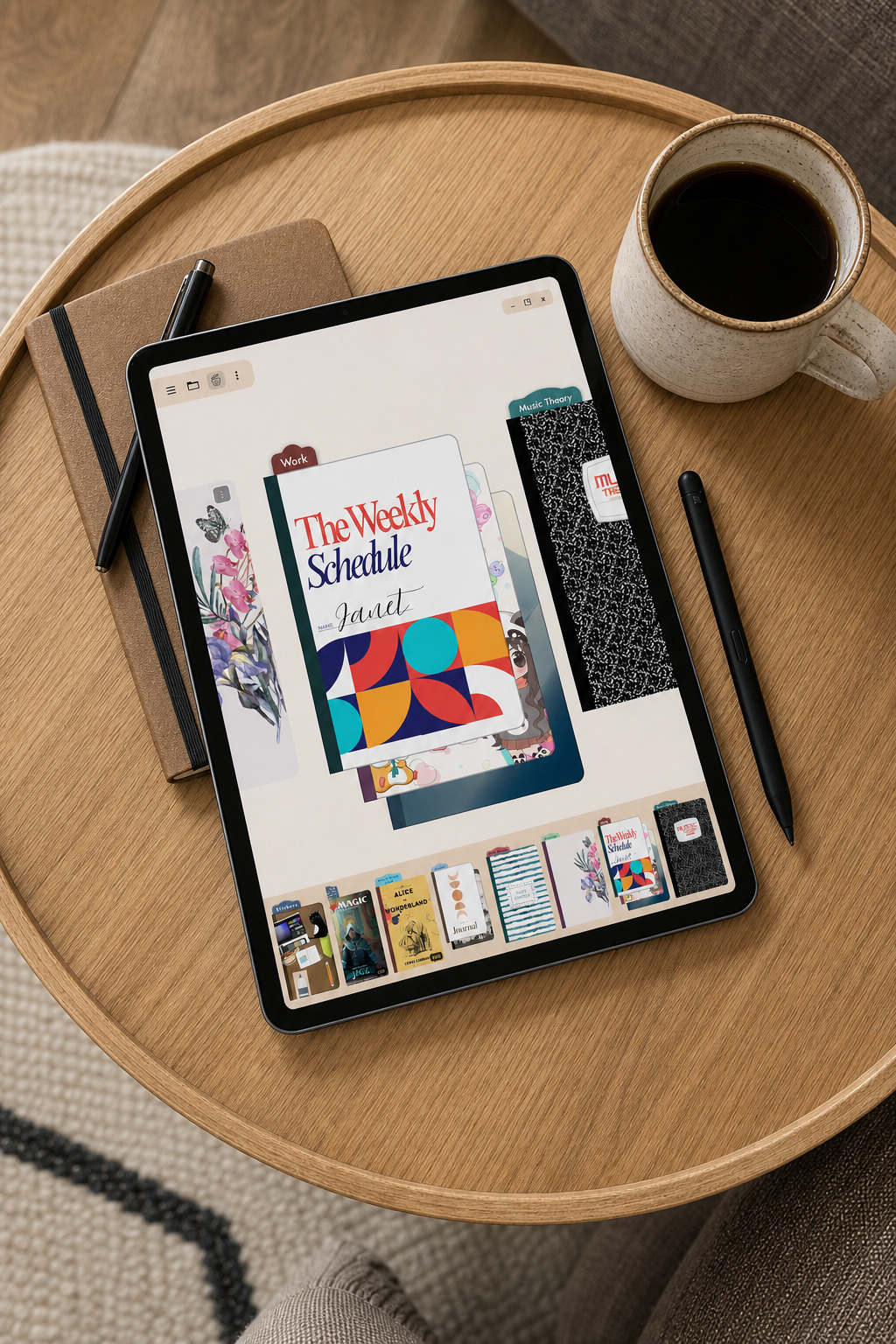 Mementa home shelf shown on a tablet with notebooks, PDFs, comics, and EPUB books