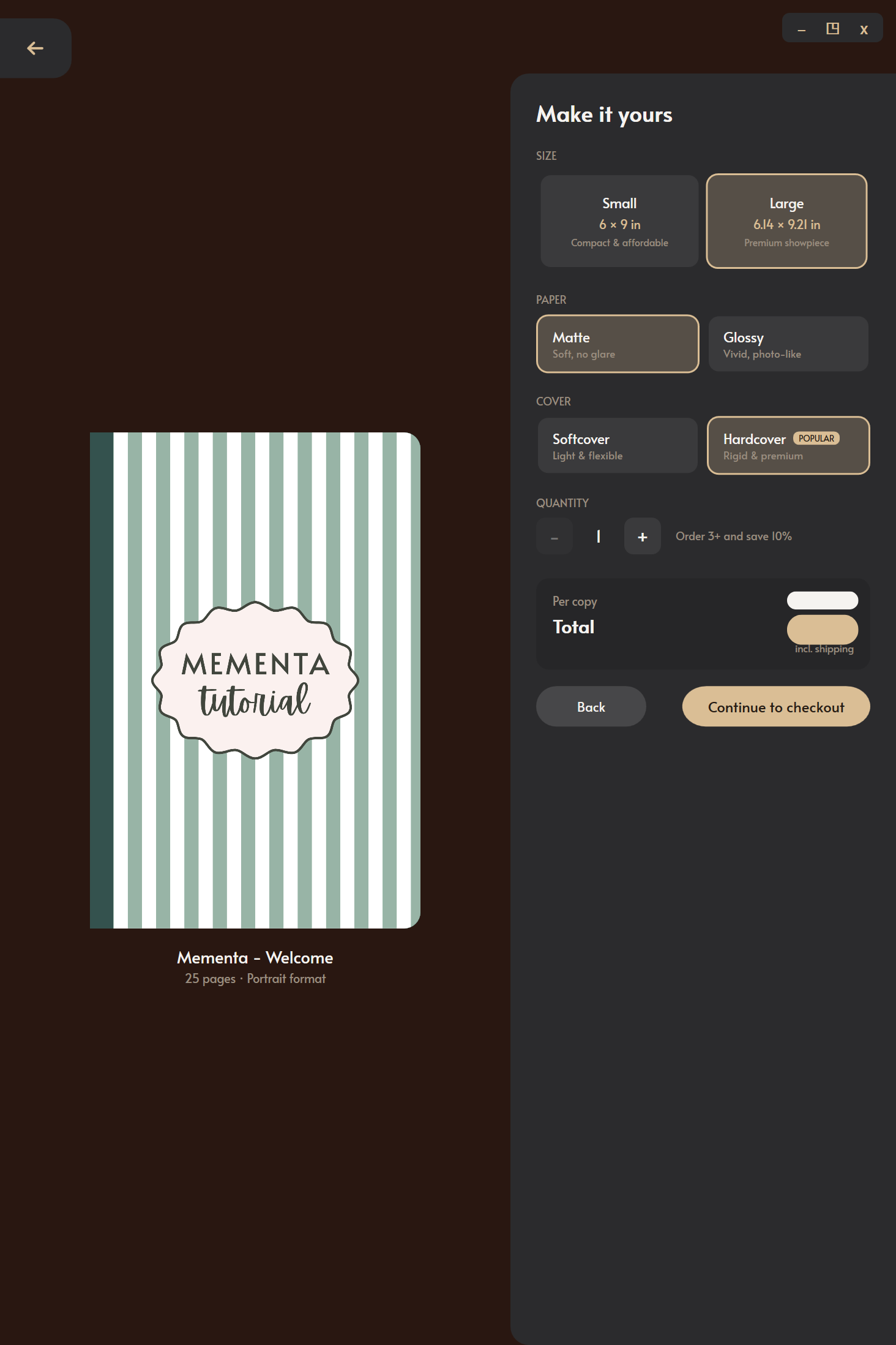 Mementa print options screen with size, paper, cover, quantity, and checkout controls