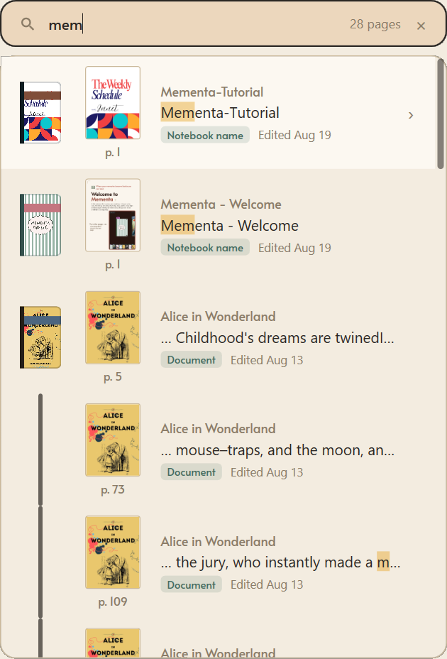 The Mementa search bar open over the shelf with the word mem typed in, showing 28 matching pages: two notebooks matched by name and three hits inside an Alice in Wonderland document, each result carrying a page thumbnail, the matching line, and a page number