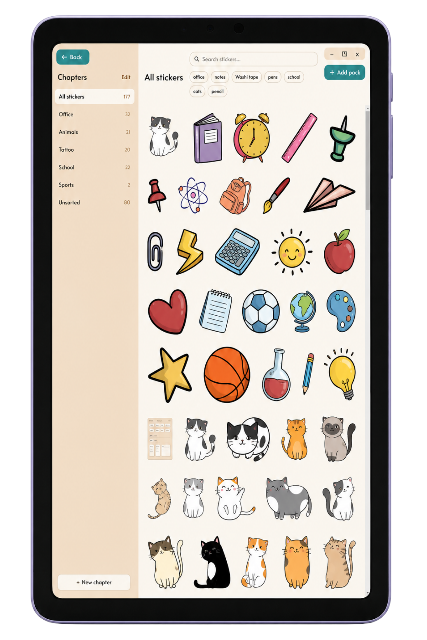 The Mementa Sticker Book open on a tablet with chapters, tags, search, and reusable stickers