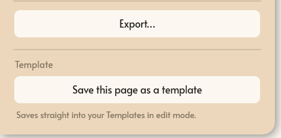 The Mementa export panel showing an Export button above a separate Save this page as a template button, noted as saving straight into your Templates