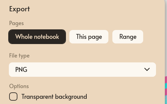 The Mementa export panel with page scope set to whole notebook, this page, or a range, a PNG file type, and a transparent background option