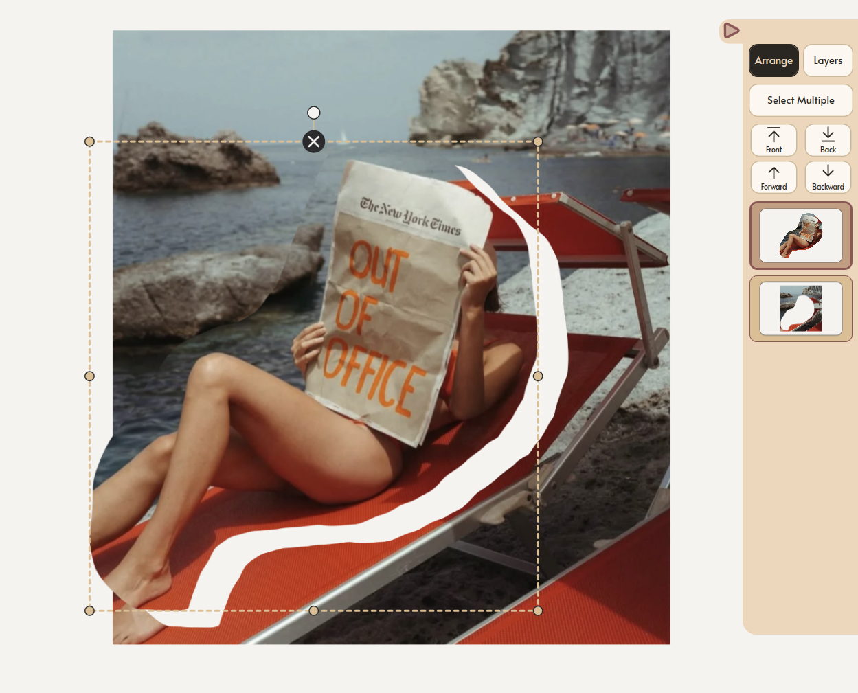 Mementa's Knife tool cutting a woman out of a photograph so she can become a sticker