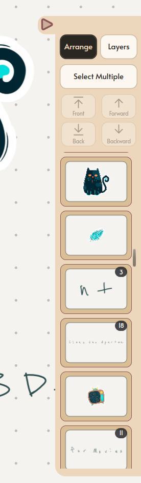 Mementa's Layers panel showing stacked page objects with lock, visibility, and delete controls
