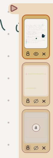 The Mementa layers rail showing three stacked layers, each with a lock, a visibility eye, and a delete control, one of them hidden