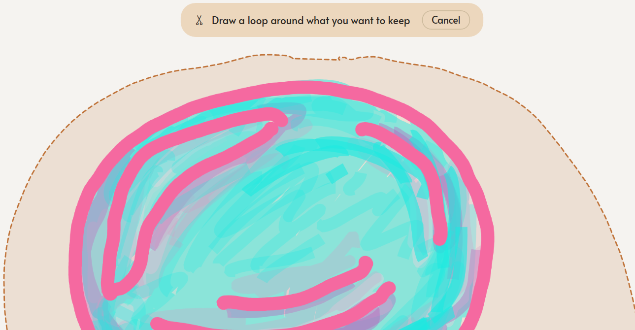 A hand drawn jellyfish on a Mementa page with a dashed lasso closing around it and the prompt Draw a loop around what you want to keep
