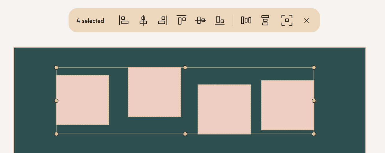 Four boxes at different heights selected together on a Mementa page, inside one selection frame, with a bar above reading 4 selected and a row of align and distribute buttons