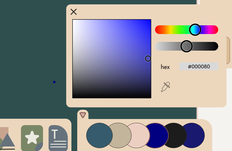 The Mementa color picker open with a spectrum, a hex field, and an eyedropper, above a tray of saved palette swatches