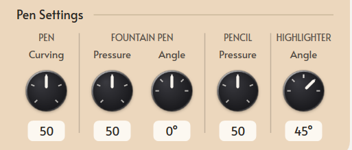 Mementa Pen Settings showing pen curving, fountain pen pressure and angle, pencil pressure, and highlighter angle