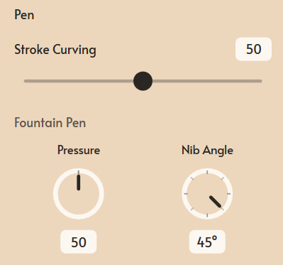 Mementa pen settings showing a Stroke Curving slider set to 50, and Fountain Pen dials for Pressure at 50 and Nib Angle at 45 degrees